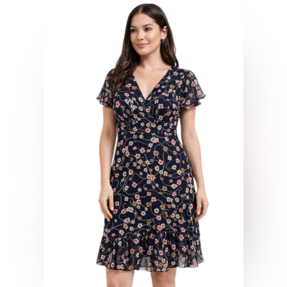 Tommy Hilfiger Floral Dress Size 12 Navy Pink Flutter Sleeve Ruffle Hem